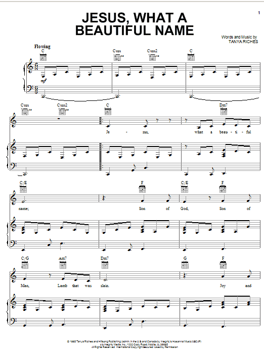 Preview Tanya Riches Jesus, What A Beautiful Name Christian sheet music, notes and chords for Piano, Vocal & Guitar (Right-Hand Melody), SKU: 29482 sheet music, piano notes, chords, guitar tabs, score, transpose, transcribe, how to play, guide, download, learn, tutorial, progression, song, artist, awards, billboard, mtv, vh1, tour, single, album, release