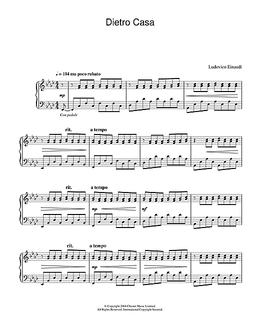 Preview Ludovico Einaudi Dietro Casa Classical sheet music, notes and chords for Piano, SKU: 29604 sheet music, piano notes, chords, guitar tabs, score, transpose, transcribe, how to play, guide, download, learn, tutorial, progression, song, artist, awards, billboard, mtv, vh1, tour, single, album, release