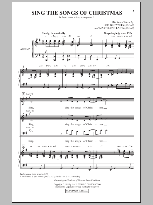 Preview Lois Brownsey Sing The Songs Of Christmas Christmas sheet music, notes and chords for 3-Part Mixed Choir, SKU: 296830 sheet music, piano notes, chords, guitar tabs, score, transpose, transcribe, how to play, guide, download, learn, tutorial, progression, song, artist, awards, billboard, mtv, vh1, tour, single, album, release