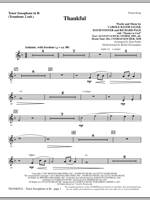 Preview Tom Fettke Thankful - Tenor Sax (sub. Tbn 2) Christmas sheet music, notes and chords for Choir Instrumental Pak, SKU: 301511 sheet music, piano notes, chords, guitar tabs, score, transpose, transcribe, how to play, guide, download, learn, tutorial, progression, song, artist, awards, billboard, mtv, vh1, tour, single, album, release