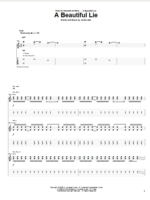Preview 30 Seconds To Mars A Beautiful Lie Rock sheet music, notes and chords for Guitar Tab, SKU: 62826 sheet music, piano notes, chords, guitar tabs, score, transpose, transcribe, how to play, guide, download, learn, tutorial, progression, song, artist, awards, billboard, mtv, vh1, tour, single, album, release
