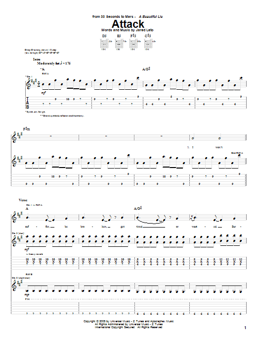 Preview 30 Seconds To Mars Attack Rock sheet music, notes and chords for Guitar Tab, SKU: 62818 Download 30 Seconds To Mars Attack sheet music and printable PDF score & Rock music notes