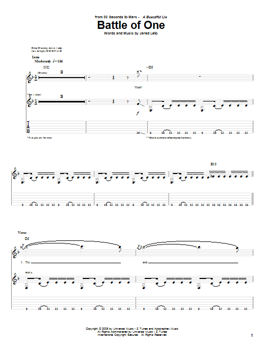 Preview 30 Seconds To Mars Battle Of One Rock sheet music, notes and chords for Guitar Tab, SKU: 62827 Download 30 Seconds To Mars Battle Of One sheet music and printable PDF score & Rock music notes