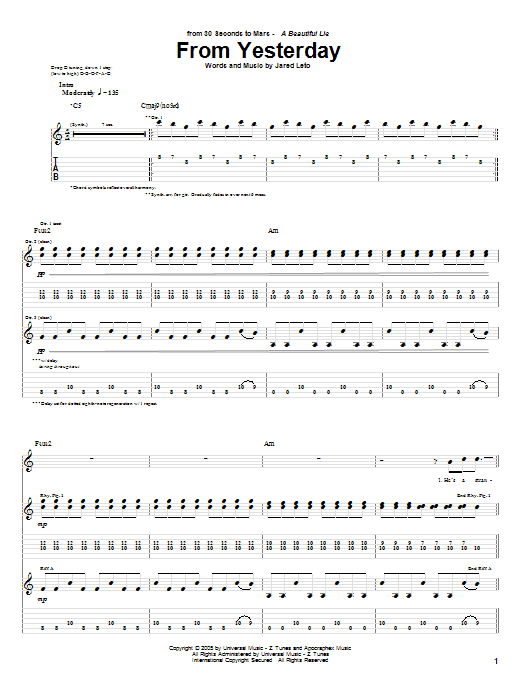 Preview 30 Seconds To Mars From Yesterday Rock sheet music, notes and chords for Guitar Tab, SKU: 62824 Download 30 Seconds To Mars From Yesterday sheet music and printable PDF score & Rock music notes