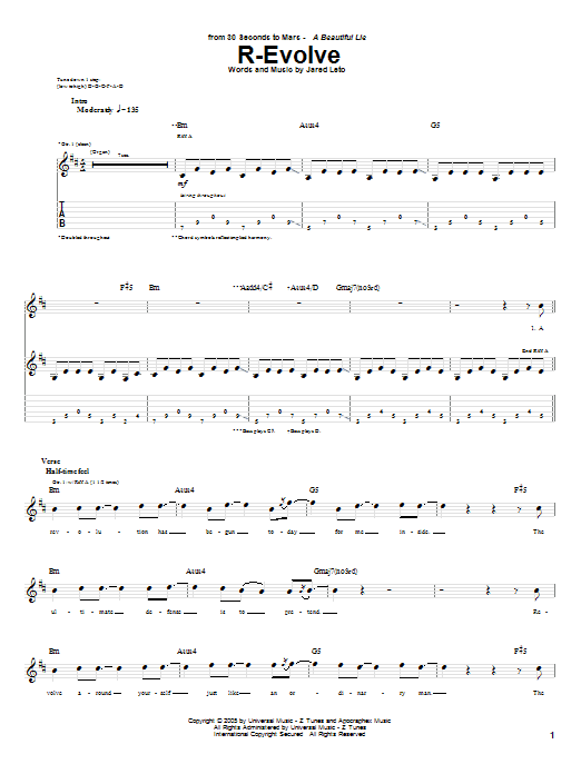 Preview 30 Seconds To Mars R-Evolve Rock sheet music, notes and chords for Guitar Tab, SKU: 62822 Download 30 Seconds To Mars R-Evolve sheet music and printable PDF score & Rock music notes