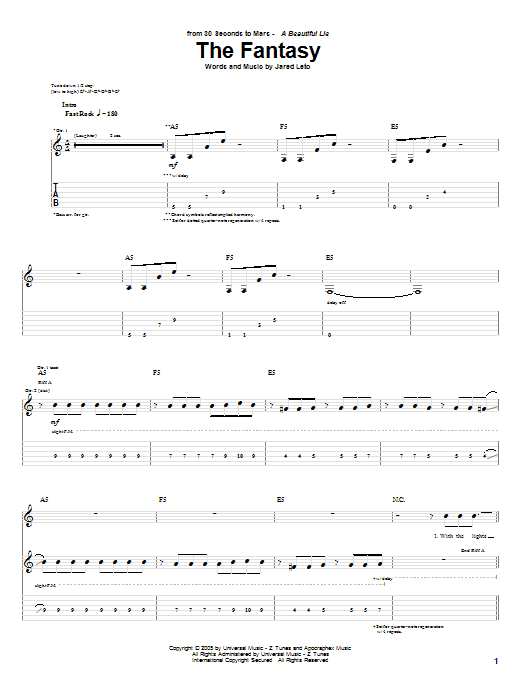 Preview 30 Seconds To Mars The Fantasy Rock sheet music, notes and chords for Guitar Tab, SKU: 62825 Download 30 Seconds To Mars The Fantasy sheet music and printable PDF score & Rock music notes