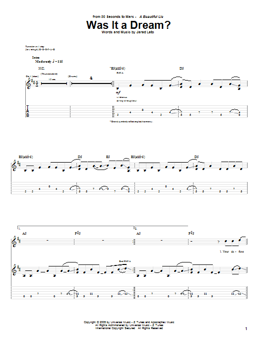 Preview 30 Seconds To Mars Was It A Dream? Rock sheet music, notes and chords for Guitar Tab, SKU: 62819 Download 30 Seconds To Mars Was It A Dream? sheet music and printable PDF score & Rock music notes