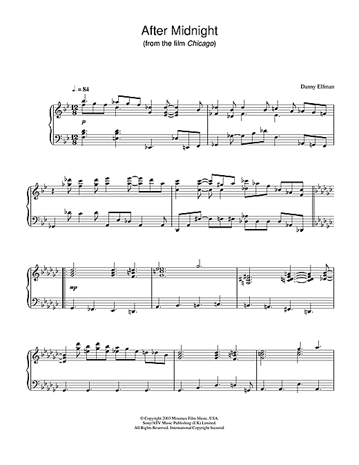 Preview Danny Elfman After Midnight (from Chicago) Film and TV sheet music, notes and chords for Piano, SKU: 31167 sheet music, piano notes, chords, guitar tabs, score, transpose, transcribe, how to play, guide, download, learn, tutorial, progression, song, artist, awards, billboard, mtv, vh1, tour, single, album, release