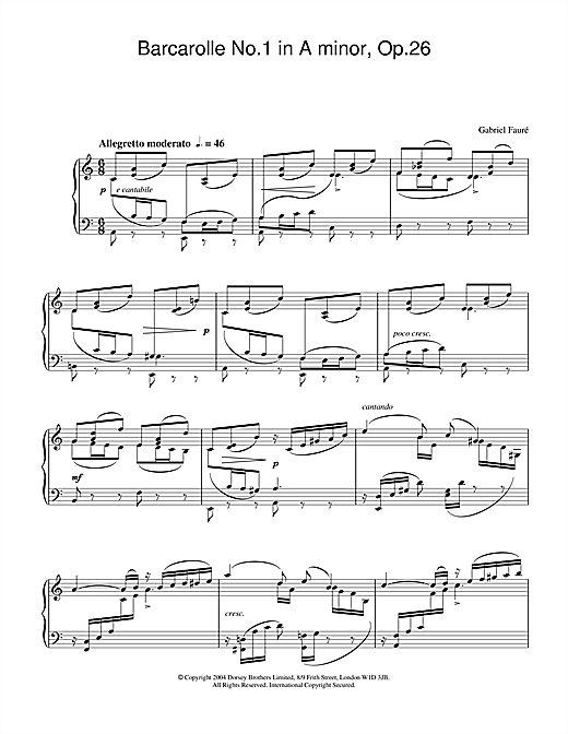 Preview Gabriel Fauré Barcarolle No.1 in A minor, Op.26 Classical sheet music, notes and chords for Piano, SKU: 31187 sheet music, piano notes, chords, guitar tabs, score, transpose, transcribe, how to play, guide, download, learn, tutorial, progression, song, artist, awards, billboard, mtv, vh1, tour, single, album, release