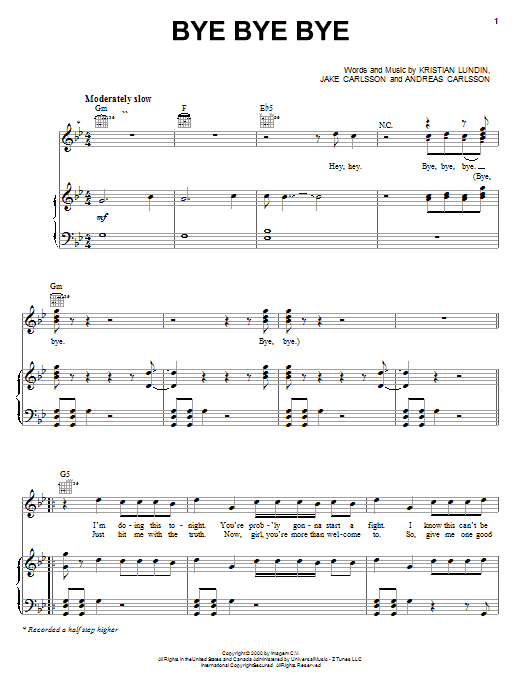 Preview 'N Sync Bye Bye Bye Pop sheet music, notes and chords for Piano, Vocal & Guitar (Right-Hand Melody), SKU: 31324 sheet music, piano notes, chords, guitar tabs, score, transpose, transcribe, how to play, guide, download, learn, tutorial, progression, song, artist, awards, billboard, mtv, vh1, tour, single, album, release