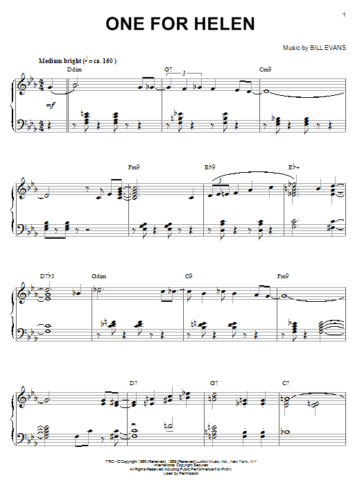 Preview Bill Evans One For Helen Jazz sheet music, notes and chords for Piano Solo, SKU: 31439 sheet music, piano notes, chords, guitar tabs, score, transpose, transcribe, how to play, guide, download, learn, tutorial, progression, song, artist, awards, billboard, mtv, vh1, tour, single, album, release