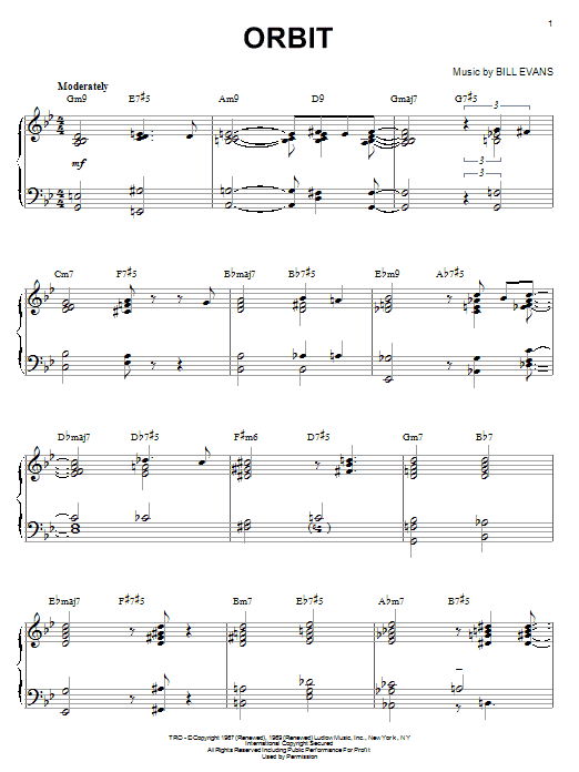 Preview Bill Evans Orbit Jazz sheet music, notes and chords for Piano Solo, SKU: 31440 sheet music, piano notes, chords, guitar tabs, score, transpose, transcribe, how to play, guide, download, learn, tutorial, progression, song, artist, awards, billboard, mtv, vh1, tour, single, album, release
