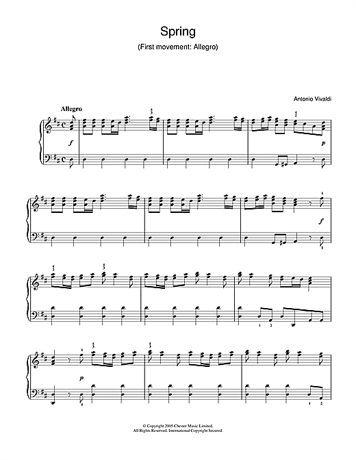 Preview Antonio Vivaldi Spring (first movement: Allegro) Classical sheet music, notes and chords for Piano, SKU: 31912 sheet music, piano notes, chords, guitar tabs, score, transpose, transcribe, how to play, guide, download, learn, tutorial, progression, song, artist, awards, billboard, mtv, vh1, tour, single, album, release