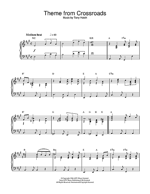 Preview Tony Hatch Theme from Crossroads Film and TV sheet music, notes and chords for Piano, SKU: 32285 sheet music, piano notes, chords, guitar tabs, score, transpose, transcribe, how to play, guide, download, learn, tutorial, progression, song, artist, awards, billboard, mtv, vh1, tour, single, album, release