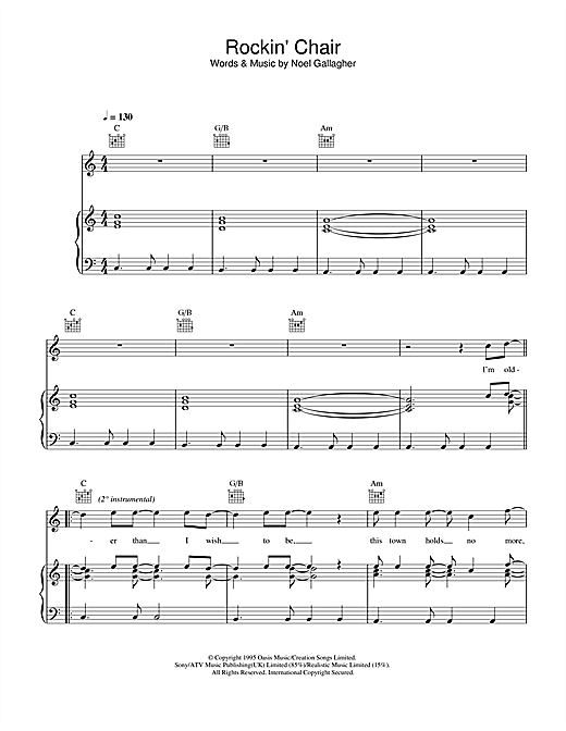 Preview Oasis Rockin' Chair Rock sheet music, notes and chords for Piano, Vocal & Guitar (Right-Hand Melody), SKU: 32712 sheet music, piano notes, chords, guitar tabs, score, transpose, transcribe, how to play, guide, download, learn, tutorial, progression, song, artist, awards, billboard, mtv, vh1, tour, single, album, release