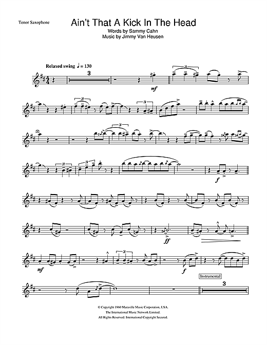 Preview Frank Sinatra Ain't That A Kick In The Head Jazz sheet music, notes and chords for Tenor Saxophone, SKU: 33051 sheet music, piano notes, chords, guitar tabs, score, transpose, transcribe, how to play, guide, download, learn, tutorial, progression, song, artist, awards, billboard, mtv, vh1, tour, single, album, release
