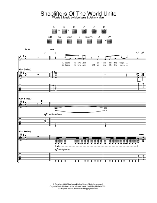 Preview The Smiths Shoplifters Of The World Unite Indie sheet music, notes and chords for Guitar Tab, SKU: 33097 sheet music, piano notes, chords, guitar tabs, score, transpose, transcribe, how to play, guide, download, learn, tutorial, progression, song, artist, awards, billboard, mtv, vh1, tour, single, album, release