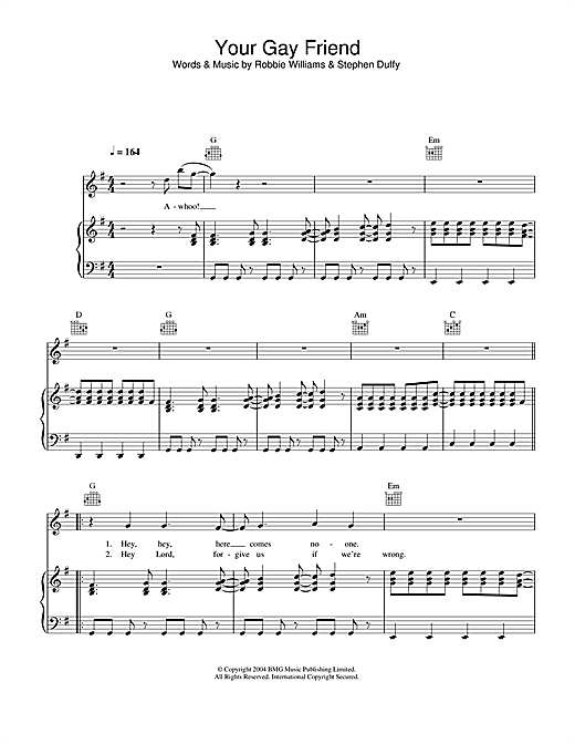 Preview Robbie Williams Your Gay Friend Pop sheet music, notes and chords for Piano, Vocal & Guitar, SKU: 33355 sheet music, piano notes, chords, guitar tabs, score, transpose, transcribe, how to play, guide, download, learn, tutorial, progression, song, artist, awards, billboard, mtv, vh1, tour, single, album, release