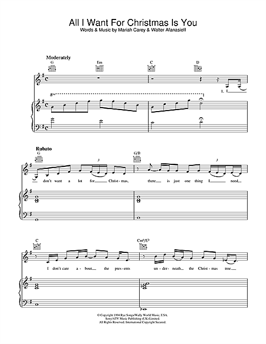 Preview Mariah Carey All I Want For Christmas Is You Film and TV sheet music, notes and chords for Piano, Vocal & Guitar (Right-Hand Melody), SKU: 33884 sheet music, piano notes, chords, guitar tabs, score, transpose, transcribe, how to play, guide, download, learn, tutorial, progression, song, artist, awards, billboard, mtv, vh1, tour, single, album, release