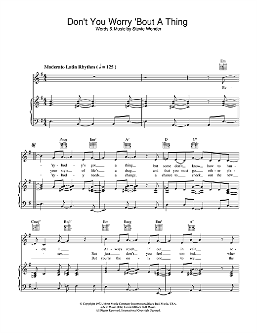 Preview Stevie Wonder Don't You Worry 'Bout A Thing Soul sheet music, notes and chords for Piano, Vocal & Guitar (Right-Hand Melody), SKU: 33970 sheet music, piano notes, chords, guitar tabs, score, transpose, transcribe, how to play, guide, download, learn, tutorial, progression, song, artist, awards, billboard, mtv, vh1, tour, single, album, release