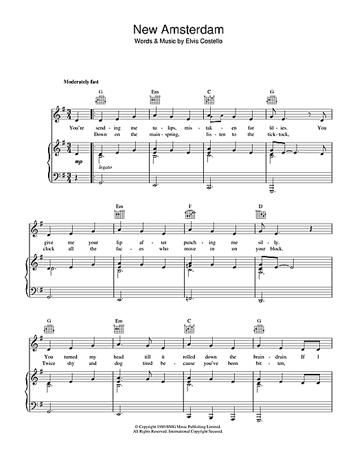 Preview Elvis Costello New Amsterdam Pop sheet music, notes and chords for Piano, Vocal & Guitar (Right-Hand Melody), SKU: 34249 sheet music, piano notes, chords, guitar tabs, score, transpose, transcribe, how to play, guide, download, learn, tutorial, progression, song, artist, awards, billboard, mtv, vh1, tour, single, album, release