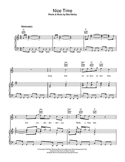 Preview Bob Marley Nice Time Reggae sheet music, notes and chords for Piano, Vocal & Guitar (Right-Hand Melody), SKU: 35958 sheet music, piano notes, chords, guitar tabs, score, transpose, transcribe, how to play, guide, download, learn, tutorial, progression, song, artist, awards, billboard, mtv, vh1, tour, single, album, release