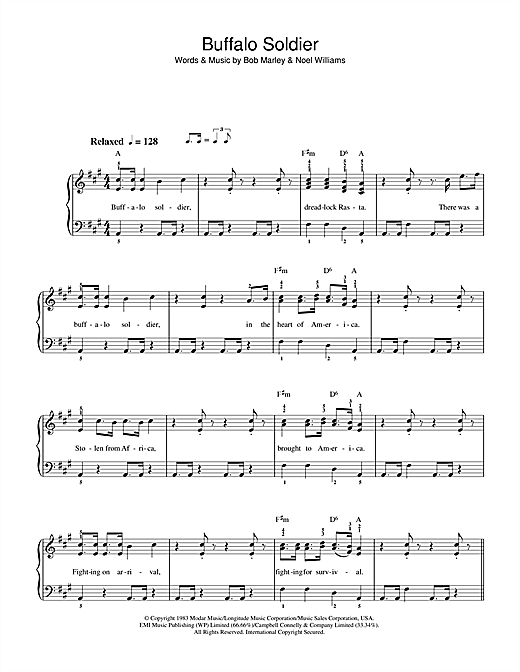 Preview Bob Marley Buffalo Soldier Reggae sheet music, notes and chords for Beginner Piano, SKU: 36120 sheet music, piano notes, chords, guitar tabs, score, transpose, transcribe, how to play, guide, download, learn, tutorial, progression, song, artist, awards, billboard, mtv, vh1, tour, single, album, release