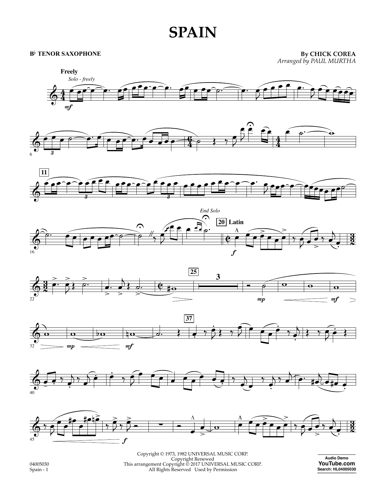 Preview Paul Murtha Spain - Bb Tenor Saxophone Jazz sheet music, notes and chords for Concert Band, SKU: 361550 sheet music, piano notes, chords, guitar tabs, score, transpose, transcribe, how to play, guide, download, learn, tutorial, progression, song, artist, awards, billboard, mtv, vh1, tour, single, album, release