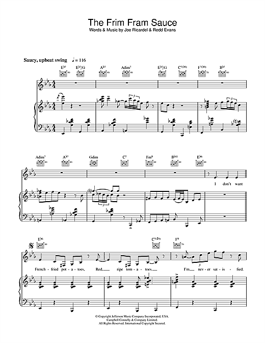 Preview Diana Krall The Frim Fram Sauce Jazz sheet music, notes and chords for Piano, Vocal & Guitar, SKU: 36582 sheet music, piano notes, chords, guitar tabs, score, transpose, transcribe, how to play, guide, download, learn, tutorial, progression, song, artist, awards, billboard, mtv, vh1, tour, single, album, release
