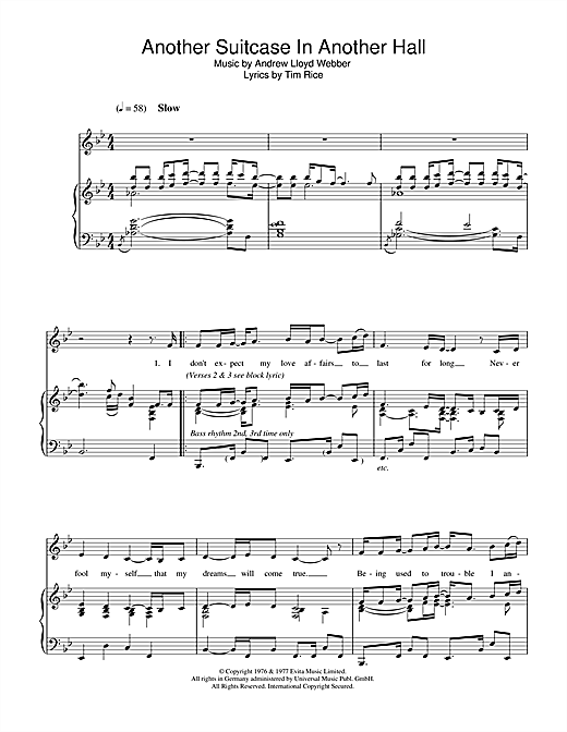 Preview Andrew Lloyd Webber Another Suitcase In Another Hall (from Evita) Musicals sheet music, notes and chords for Piano & Vocal, SKU: 37068 sheet music, piano notes, chords, guitar tabs, score, transpose, transcribe, how to play, guide, download, learn, tutorial, progression, song, artist, awards, billboard, mtv, vh1, tour, single, album, release