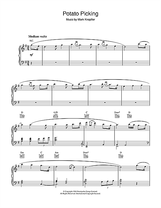 Preview Mark Knopfler Potato Picking (from Cal) Rock sheet music, notes and chords for Piano, SKU: 37182 sheet music, piano notes, chords, guitar tabs, score, transpose, transcribe, how to play, guide, download, learn, tutorial, progression, song, artist, awards, billboard, mtv, vh1, tour, single, album, release