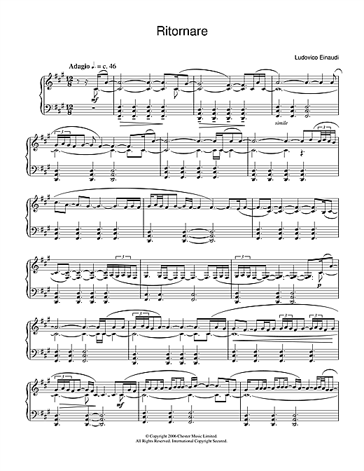 Preview Ludovico Einaudi Ritornare Classical sheet music, notes and chords for Piano, SKU: 37662 sheet music, piano notes, chords, guitar tabs, score, transpose, transcribe, how to play, guide, download, learn, tutorial, progression, song, artist, awards, billboard, mtv, vh1, tour, single, album, release