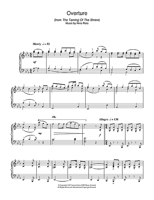 Preview Nino Rota Overture (from The Taming Of The Shrew) Film and TV sheet music, notes and chords for Piano, SKU: 37678 sheet music, piano notes, chords, guitar tabs, score, transpose, transcribe, how to play, guide, download, learn, tutorial, progression, song, artist, awards, billboard, mtv, vh1, tour, single, album, release
