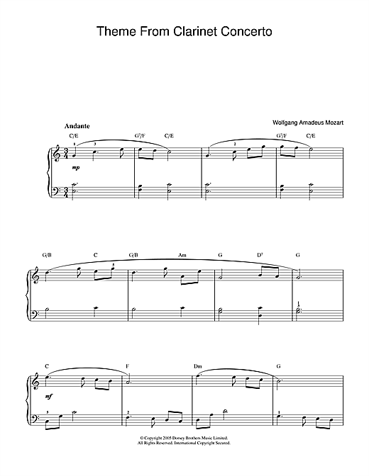 Preview Wolfgang Amadeus Mozart Slow Movement Theme (from Clarinet Concerto K622) Classical sheet music, notes and chords for Beginner Piano, SKU: 37682 sheet music, piano notes, chords, guitar tabs, score, transpose, transcribe, how to play, guide, download, learn, tutorial, progression, song, artist, awards, billboard, mtv, vh1, tour, single, album, release