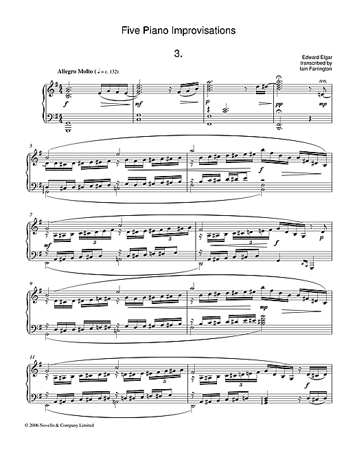 Preview Edward Elgar Five Piano Improvisations: 3. Allegro Molto Classical sheet music, notes and chords for Piano, SKU: 37962 sheet music, piano notes, chords, guitar tabs, score, transpose, transcribe, how to play, guide, download, learn, tutorial, progression, song, artist, awards, billboard, mtv, vh1, tour, single, album, release