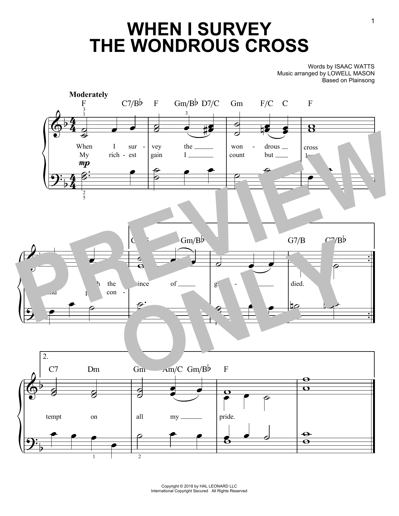 Preview Lowell Mason When I Survey The Wondrous Cross Sacred sheet music, notes and chords for Easy Piano, SKU: 381326 sheet music, piano notes, chords, guitar tabs, score, transpose, transcribe, how to play, guide, download, learn, tutorial, progression, song, artist, awards, billboard, mtv, vh1, tour, single, album, release