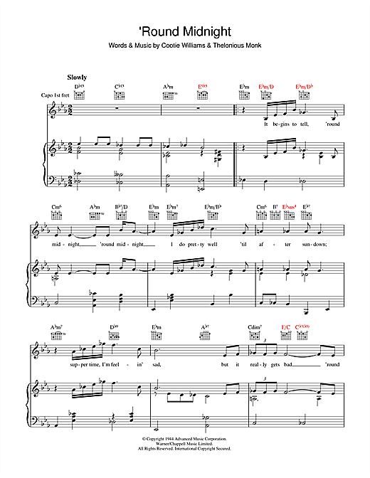 Preview Thelonious Monk 'Round Midnight Jazz sheet music, notes and chords for Piano, Vocal & Guitar (Right-Hand Melody), SKU: 39151 sheet music, piano notes, chords, guitar tabs, score, transpose, transcribe, how to play, guide, download, learn, tutorial, progression, song, artist, awards, billboard, mtv, vh1, tour, single, album, release