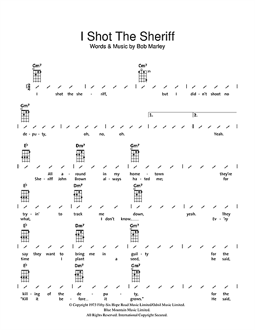 Preview Bob Marley I Shot The Sheriff Reggae sheet music, notes and chords for Ukulele with strumming patterns, SKU: 39330 sheet music, piano notes, chords, guitar tabs, score, transpose, transcribe, how to play, guide, download, learn, tutorial, progression, song, artist, awards, billboard, mtv, vh1, tour, single, album, release