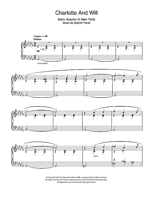 Preview Gabriel Yared Charlotte And Will (from Autumn In New York) Classical sheet music, notes and chords for Piano, SKU: 40029 sheet music, piano notes, chords, guitar tabs, score, transpose, transcribe, how to play, guide, download, learn, tutorial, progression, song, artist, awards, billboard, mtv, vh1, tour, single, album, release