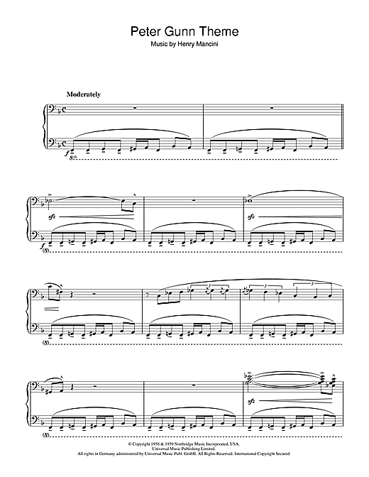 Preview Henry Mancini Peter Gunn Theme Film and TV sheet music, notes and chords for Piano, SKU: 40125 sheet music, piano notes, chords, guitar tabs, score, transpose, transcribe, how to play, guide, download, learn, tutorial, progression, song, artist, awards, billboard, mtv, vh1, tour, single, album, release