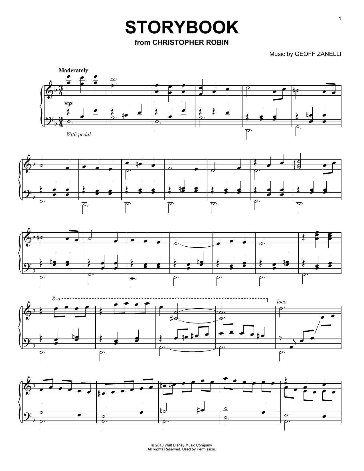 Preview Geoff Zanelli & Jon Brion Storybook (from Christopher Robin) Children sheet music, notes and chords for Piano Solo, SKU: 402975 sheet music, piano notes, chords, guitar tabs, score, transpose, transcribe, how to play, guide, download, learn, tutorial, progression, song, artist, awards, billboard, mtv, vh1, tour, single, album, release