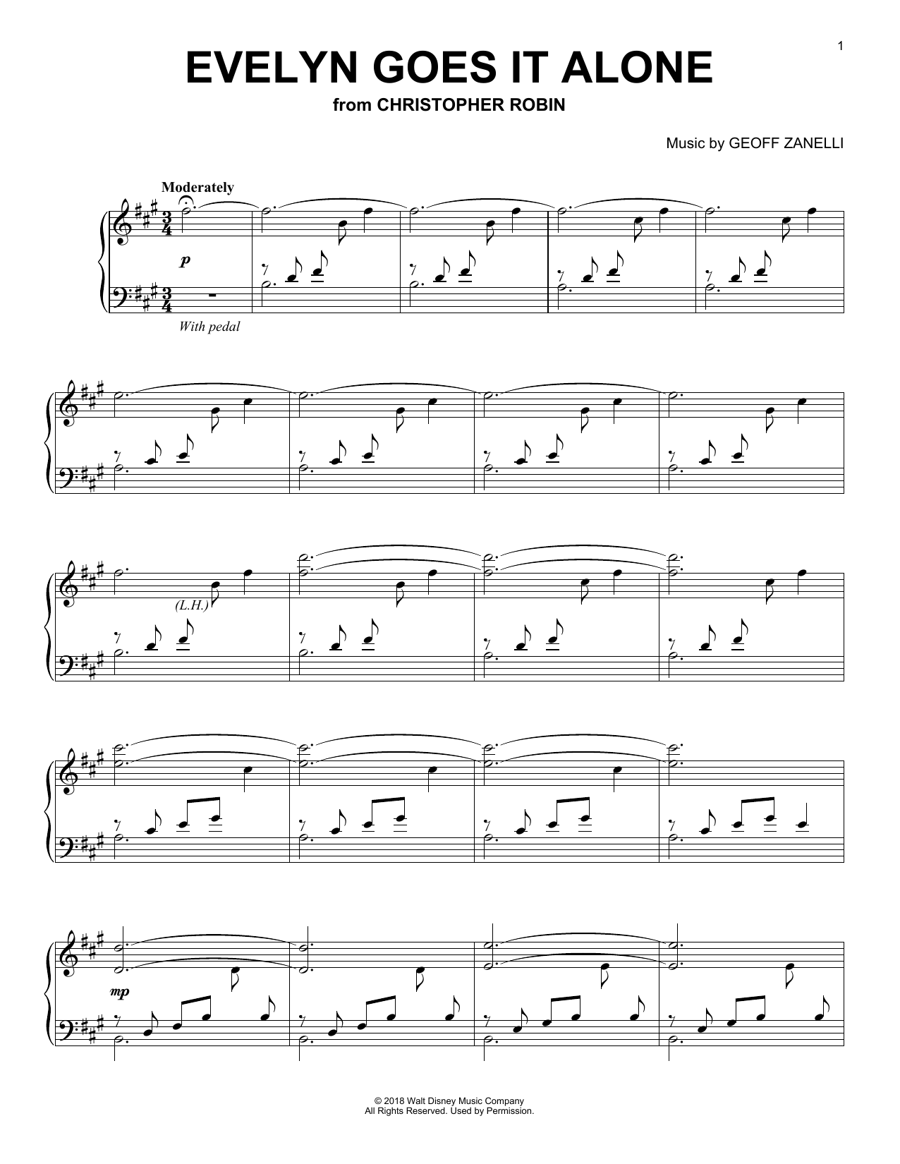 Preview Geoff Zanelli & Jon Brion Evelyn Goes It Alone (from Christopher Robin) Children sheet music, notes and chords for Piano Solo, SKU: 402977 sheet music, piano notes, chords, guitar tabs, score, transpose, transcribe, how to play, guide, download, learn, tutorial, progression, song, artist, awards, billboard, mtv, vh1, tour, single, album, release