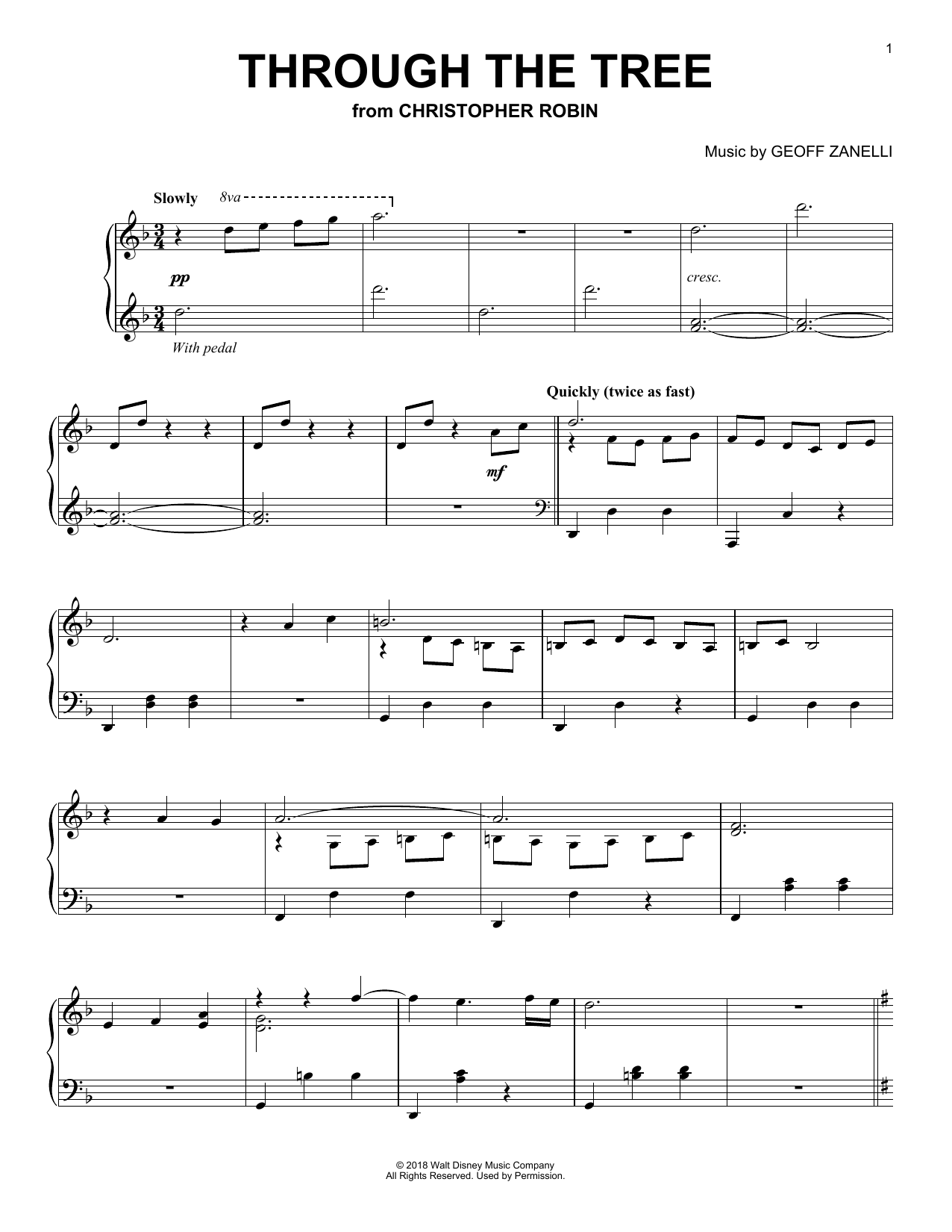 Preview Geoff Zanelli & Jon Brion Through The Tree (from Christopher Robin) Children sheet music, notes and chords for Piano Solo, SKU: 402978 sheet music, piano notes, chords, guitar tabs, score, transpose, transcribe, how to play, guide, download, learn, tutorial, progression, song, artist, awards, billboard, mtv, vh1, tour, single, album, release
