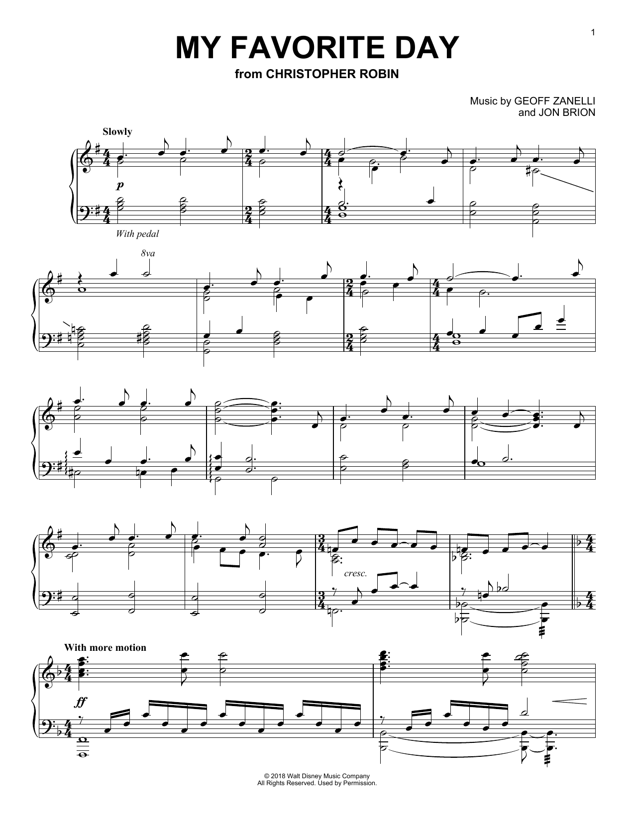 Preview Geoff Zanelli & Jon Brion My Favorite Day (from Christopher Robin) Children sheet music, notes and chords for Piano Solo, SKU: 402980 sheet music, piano notes, chords, guitar tabs, score, transpose, transcribe, how to play, guide, download, learn, tutorial, progression, song, artist, awards, billboard, mtv, vh1, tour, single, album, release