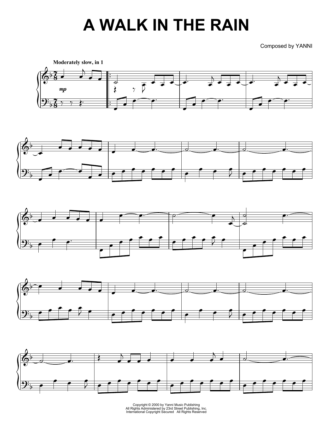Preview Yanni A Walk In The Rain New Age sheet music, notes and chords for Piano Solo, SKU: 403173 sheet music, piano notes, chords, guitar tabs, score, transpose, transcribe, how to play, guide, download, learn, tutorial, progression, song, artist, awards, billboard, mtv, vh1, tour, single, album, release