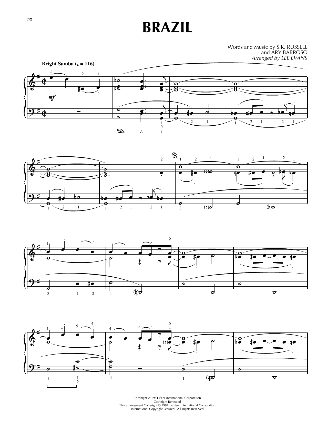 Preview Lee Evans Brazil Jazz sheet music, notes and chords for Piano Solo, SKU: 403289 sheet music, piano notes, chords, guitar tabs, score, transpose, transcribe, how to play, guide, download, learn, tutorial, progression, song, artist, awards, billboard, mtv, vh1, tour, single, album, release
