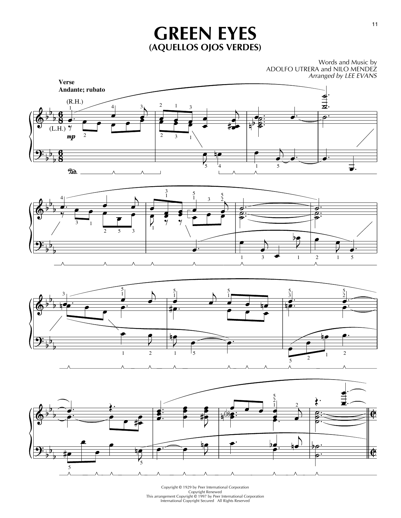 Preview Lee Evans Aquellos Ojos Verdes (Green Eyes) Jazz sheet music, notes and chords for Piano Solo, SKU: 403305 sheet music, piano notes, chords, guitar tabs, score, transpose, transcribe, how to play, guide, download, learn, tutorial, progression, song, artist, awards, billboard, mtv, vh1, tour, single, album, release