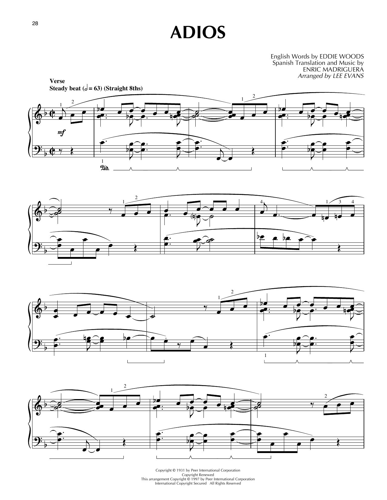 Preview Lee Evans Adios Jazz sheet music, notes and chords for Piano Solo, SKU: 403308 sheet music, piano notes, chords, guitar tabs, score, transpose, transcribe, how to play, guide, download, learn, tutorial, progression, song, artist, awards, billboard, mtv, vh1, tour, single, album, release