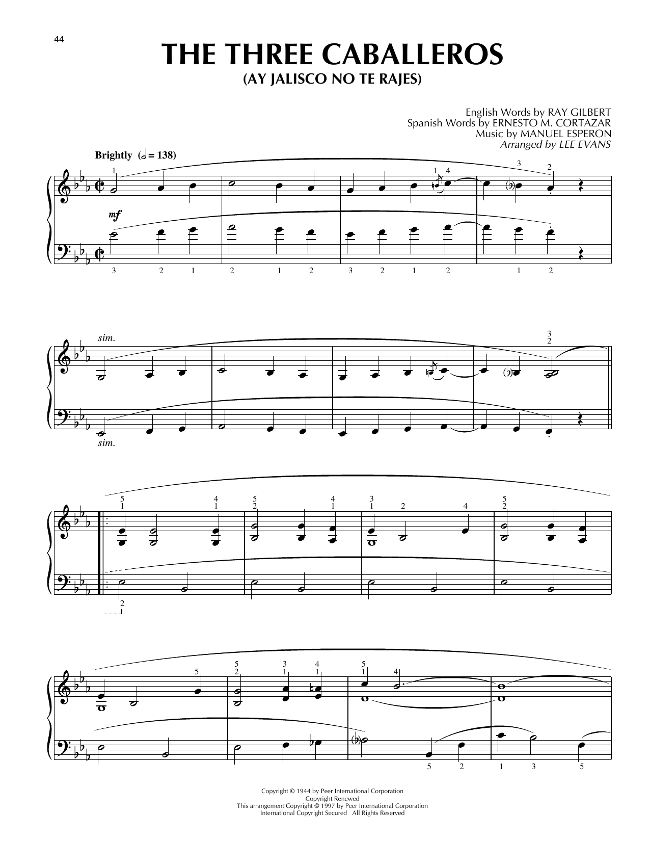 Preview Lee Evans The Three Caballeros (Ay Jalisco No Te Rajes) Pop sheet music, notes and chords for Piano Solo, SKU: 403310 sheet music, piano notes, chords, guitar tabs, score, transpose, transcribe, how to play, guide, download, learn, tutorial, progression, song, artist, awards, billboard, mtv, vh1, tour, single, album, release