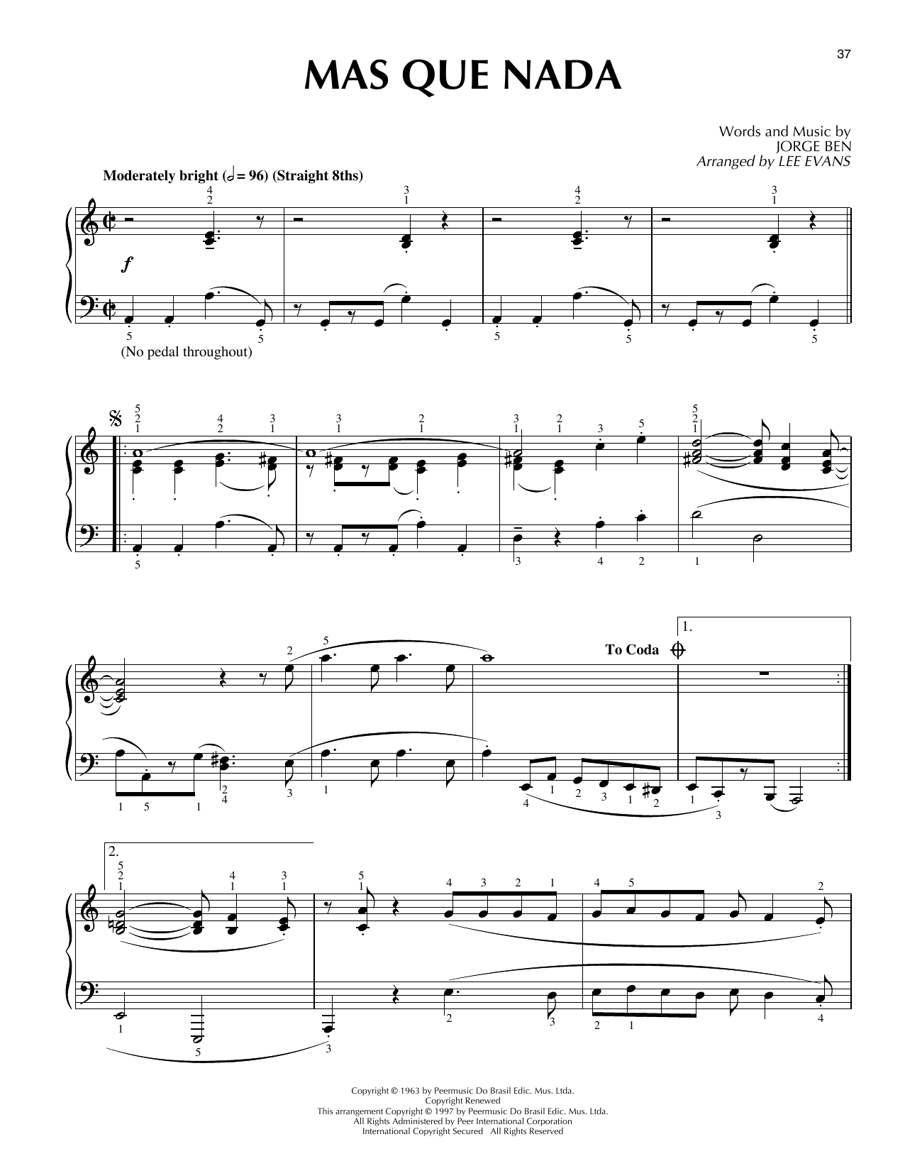 Preview Lee Evans Mas Que Nada Jazz sheet music, notes and chords for Piano Solo, SKU: 403315 sheet music, piano notes, chords, guitar tabs, score, transpose, transcribe, how to play, guide, download, learn, tutorial, progression, song, artist, awards, billboard, mtv, vh1, tour, single, album, release